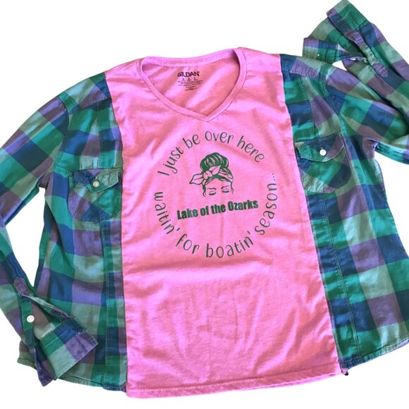 Upcycled Tee, Flannel Sleeves, Size M-L: Lake of the Ozarks Boating Graphic Top - Picture 3 of 8